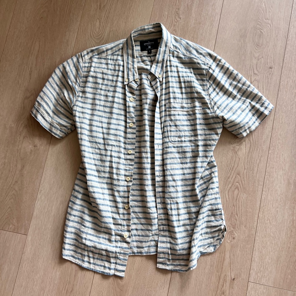 Gray and White Casual Button Down Shirt with Horizontal Stripes